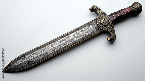 A beautifully decorated medieval rondel dagger with its circular handguard and slender blade, sharply detailed against a stark white background under soft professional studio lighting 