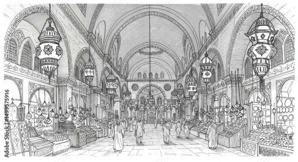 Fototapeta premium Kemeralti Bazaar with Canopies, Lanterns, and Arch