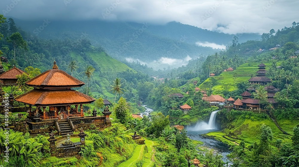 Obraz premium Lush valley with temples and waterfalls