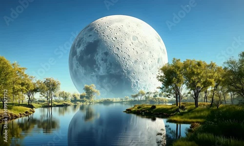 Majestic full moon rises over a calm forest lake with clear reflection, peaceful forest edge, and dreamy twilight sky.