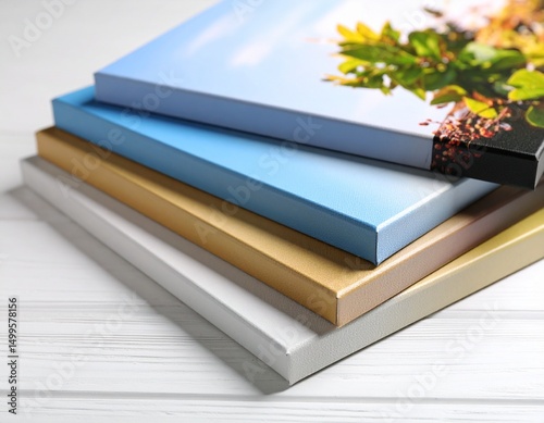 Photography canvas prints. Stack of colorful photos with gallery wrap on white wooden