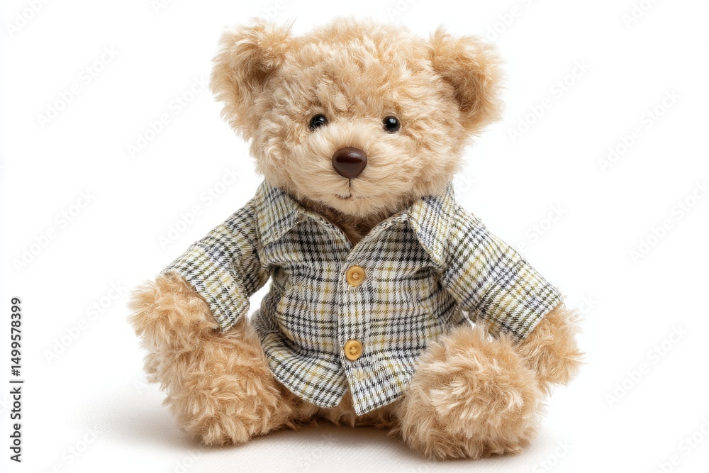Fototapeta A charming teddy bear with soft fur, wearing a checkered shirt and buttoned up, sitting on a white surface, creating a cozy and heartwarming image.