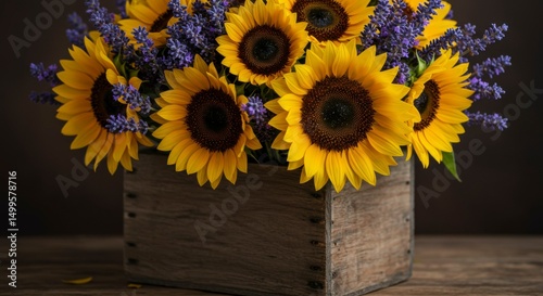 Rustic wooden box overflowing with vibrant sunflowers and sprigs of lavender, set against a dark backdrop