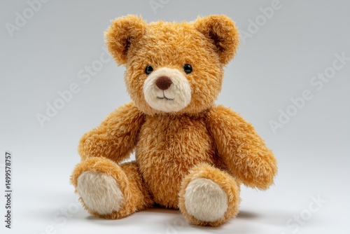 A cuddly teddy bear sitting against a plain background, perfect for illustrating childhood memories, comfort, or gift ideas, with detailed fur texture.