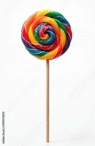 Wallpaper Mural Isolated rainbow swirl lollipop on white background. Vibrant colors, candy stick, spiral design. Sweet food, dessert, childhood treat. Delicious sugar confection, closeup, studio shot. Torontodigital.ca