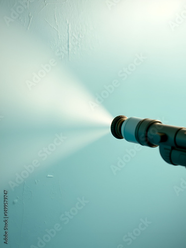 Close up of a spray gun in motion, applying an even layer of teal paint to a wall, the mist of paint floating in mid-air before settling onto the surface, with soft, warm lighting creating a glowing