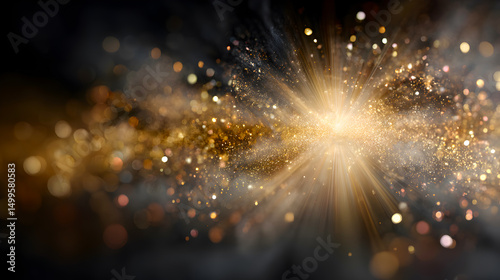 Abstract cosmic explosion with shimmering golden particles and radiant light beams creating a mesmerizing visual experience of the universe. Selective focus
