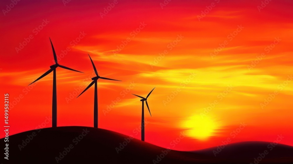 Obraz premium Wind turbines silhouette at vibrant sunset