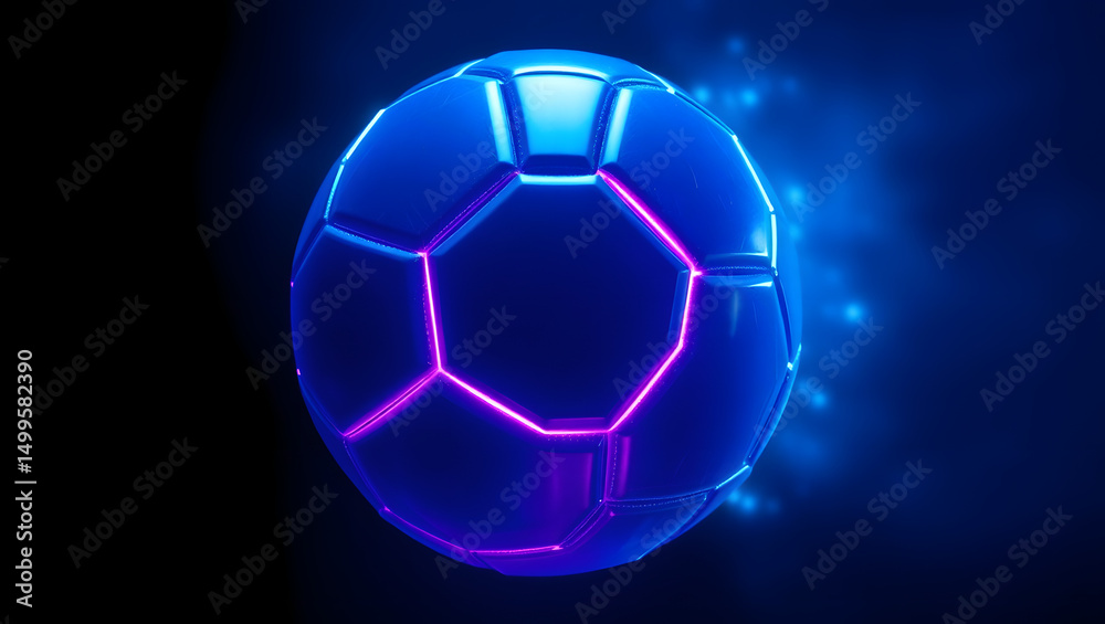 Naklejka premium Futuristic Soccer Ball: Glowing neon soccer ball with vibrant purple and blue light effect, futuristic design, abstract, digital art, modern technology