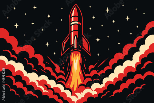 Retro Rocket Launching into Space Night Sky