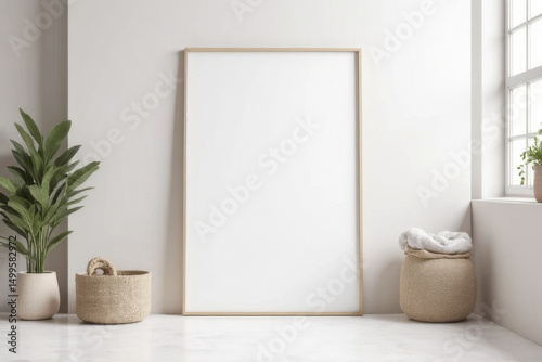 Minimalist interior scene featuring blank frame on light wall, surrounded by decorative plants and woven baskets. serene atmosphere invites creativity and calmness