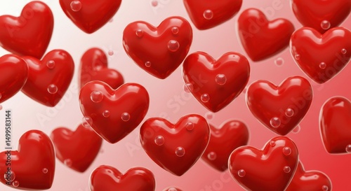 Red hearts with bubbles in motion