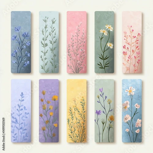 Colorful floral bookmarks featuring various plants and flowers.