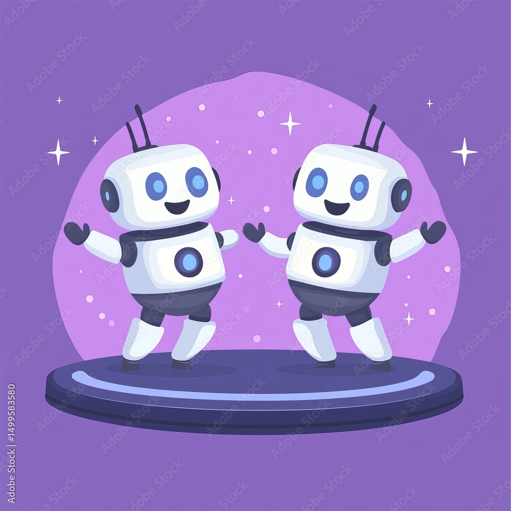 Obraz premium A disco scene with two dancing robots is presented in this isolated modern illustration