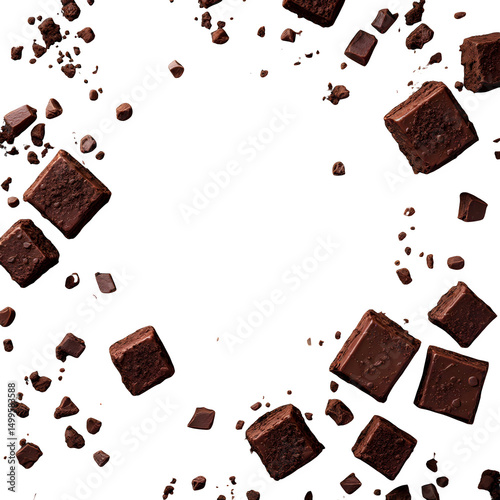 A dark background with scattered chocolate cubes and smaller chocolate pieces around the frame edges isolated with white background