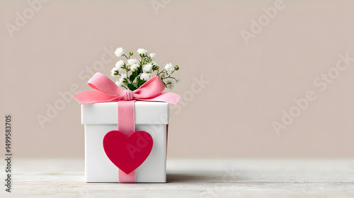Gift box adorned with pink ribbon and heart tag, featuring delicate flowers, set against a soft neutral background, perfect for celebrations and special occasions. Selective focus