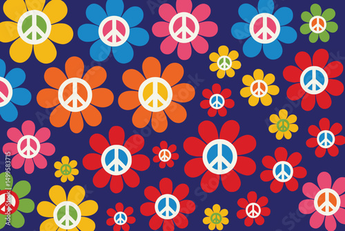 Colorful Peace Sign Flowers Retro 1960s Pattern