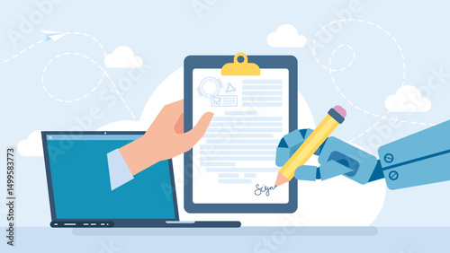 Robot hand holding pen signature document signing up contract in laptop app, humanoid sign agreement. Artificial intelligence digital futuristic technology concept. Vector illustration