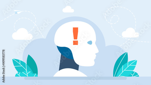 Communication with robot. Robot with exclamation mark in its head, artificial intelligence working. Communication between man and robot, exclamation mark. Vector illustration