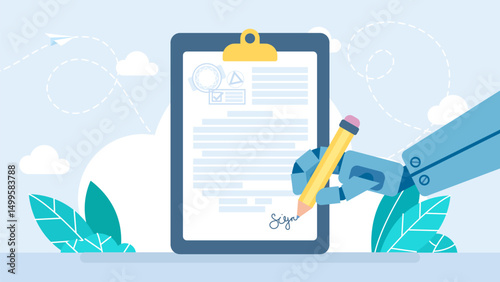 Robot hand signing online document. Electronic signature, technologies and AI. Digital hand with pen and signature. Digital signature, E-contract, Sign document, Virtual agreement. Vector illustration