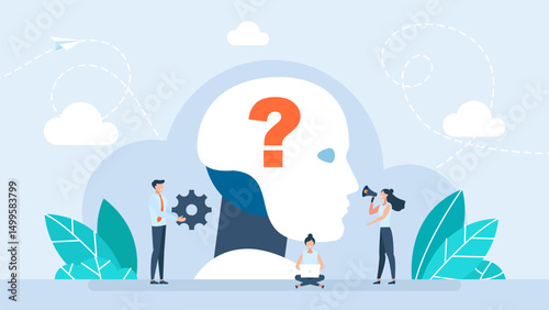 Chatbot robot confused. A robot with existential doubts with question mark in head, artificial intelligence working. Robot head with a question mark concept. Vector illustration