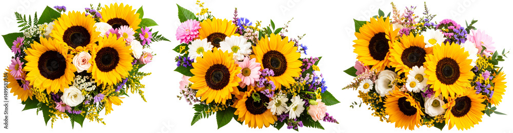 Naklejka premium Set of yellow and pink rose flower bouquets, wedding decorative elements isolated on