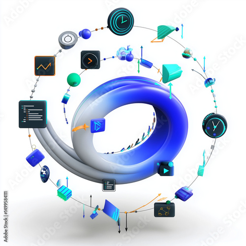Agentic AI autonomous system. Intelligent agent. Decision making. AI behavior. Agile software release cycle iteration loop concept image
