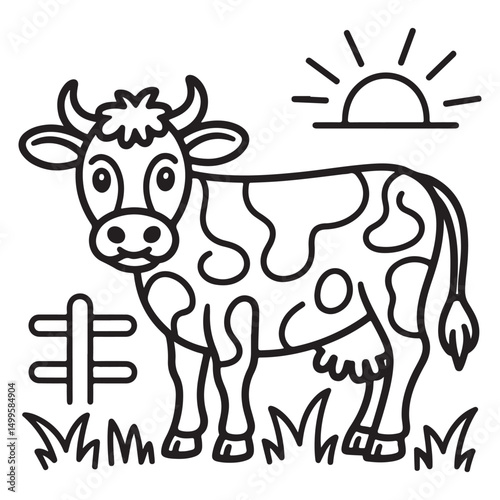 Cartoon Cow in a Pasture with Fence and Clouds - Fun Line Art for Coloring