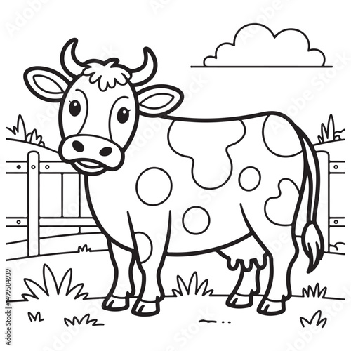 Cartoon Cow in a Pasture with Fence and Clouds - Fun Line Art for Coloring