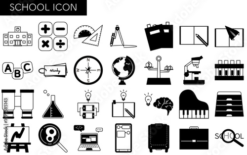 Simple line drawing icon set of school and study