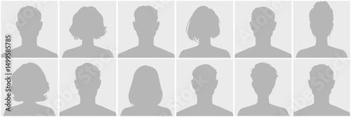 Set of twelve silhouette profile avatar defoult photo placeholder, male and female, in uniform minimalist grey tones. Ideal for graphics or anonymous user interfaces, featuring diverse hairstyles.