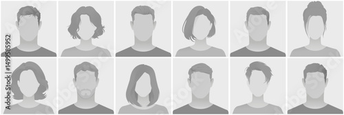 Set of grayscale generic profile pictures featuring silhouettes of men and women with various hairstyles as placeholders or avatar defoult photo placeholder for social media or websites.