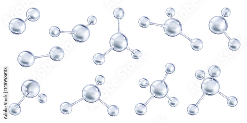 Realistic silver collagen molecules realistic color icons set. Biochemistry healthcare and beauty product 3d objects bundle on white background