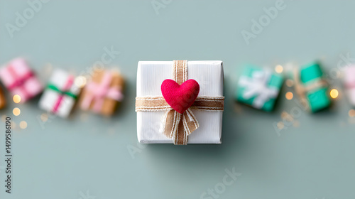 Gift box with red heart decoration and ribbon on soft green background, surrounded by colorful wrapped presents and twinkling lights creating a festive atmosphere. Selective focus