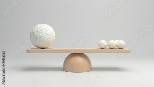 wooden scale balancing one big ball and four small ones