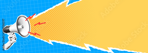 Collage style artwork featuring a hand holding a megaphone. Retro vibe with bold colors. Represents communication and announcements on a vibrant backdrop.