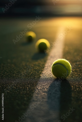 Tennis balls on court at sunset