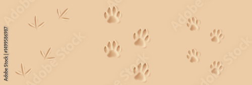 Illustration of animal and bird footprints embossed in soft sand. Warm beige tones create a natural feel. Ideal for naturethemed designs and backdrops.