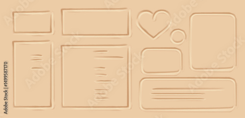 Minimalistic illustration of geometric borders, shapes imprinted in sand. Neutral beige tones create a clean design. Perfect for backgrounds or design inspirations.