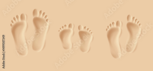 Illustration of family footprints in soft sand. Light brown tones create a warm and serene atmosphere. Footprints of father, child, mother. Perfect for family themes and vacation concepts.