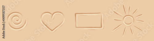 Illustration of various symbols drawn in sand. Beige color palette creates a natural feel. Used for backgrounds and naturethemed designs.