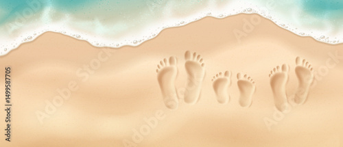 Footprints of father, child and mother in front of a sea wave, top view. Illustration of family footprints in soft sand by the shore with gentle ocean waves. Relaxation and summer vacations.