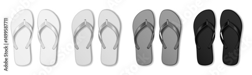 Collection of monochrome flip flops in gradient shades from white to black. Elegant minimal design perfect for summer fashion displays. Vibrant and stylish footwear.
