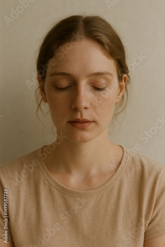 portrait of young woman with closed eyes in soft natural light, close-up