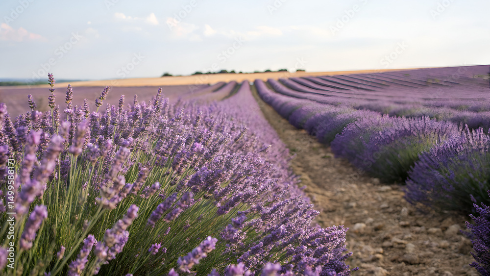 Obraz premium Endless rows of blooming lavender stretch across a scenic field under a soft, partly cloudy sky.