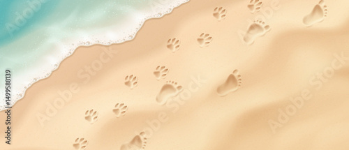 Illustration of footprints and pawprints on a sandy beach. Gentle waves add texture. Used to convey summer vibes, vacation memories, and coastal adventures.