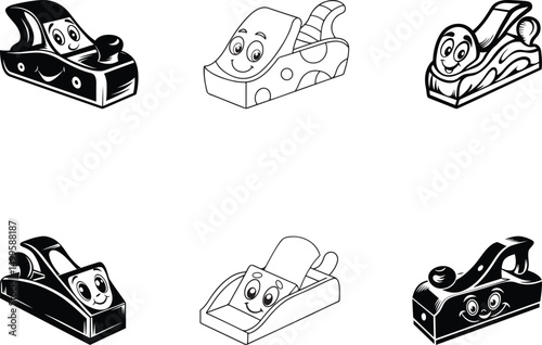 Cartoon style wood planer premium quality vintage vector illustration, cartoon style wood planer silhouette vector art, cartoon style wood planer line art vector design set
