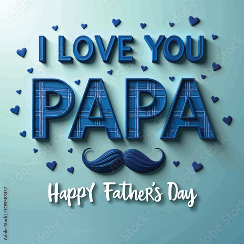Father's Day sentiment: A heartfelt message of love and appreciation for fathers. "I Love You Papa" is surrounded by heart symbols and a stylish mustache, set against a light blue background.