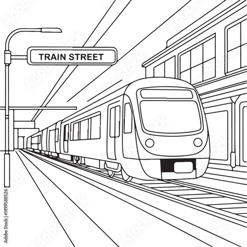 Line Art Drawing of a Train Station with Subway Train, Urban Cityscape Illustration
