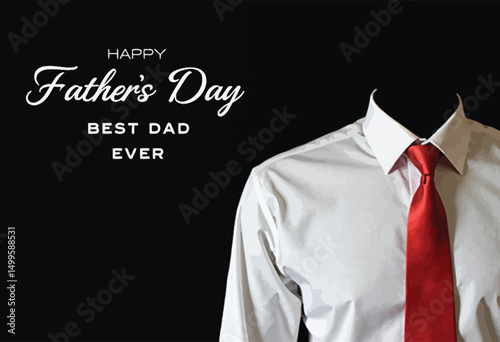 Father's Day Wishes: A minimalist composition for Father's Day, highlighting a crisp white shirt and red tie against a stark black backdrop with elegant text for "Happy Father's Day."